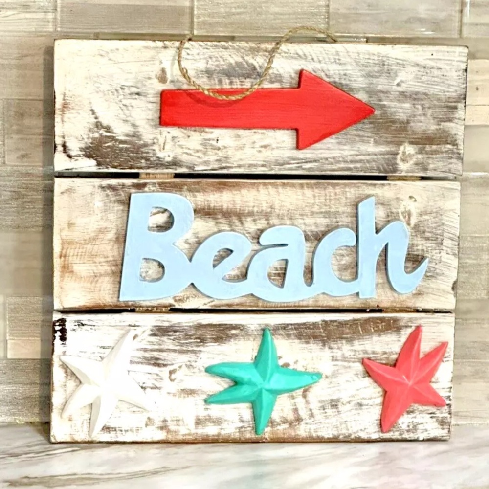 Beachcombers Distressed Beach Arrow Starfish Hanging Sign Wall Plaque Decor